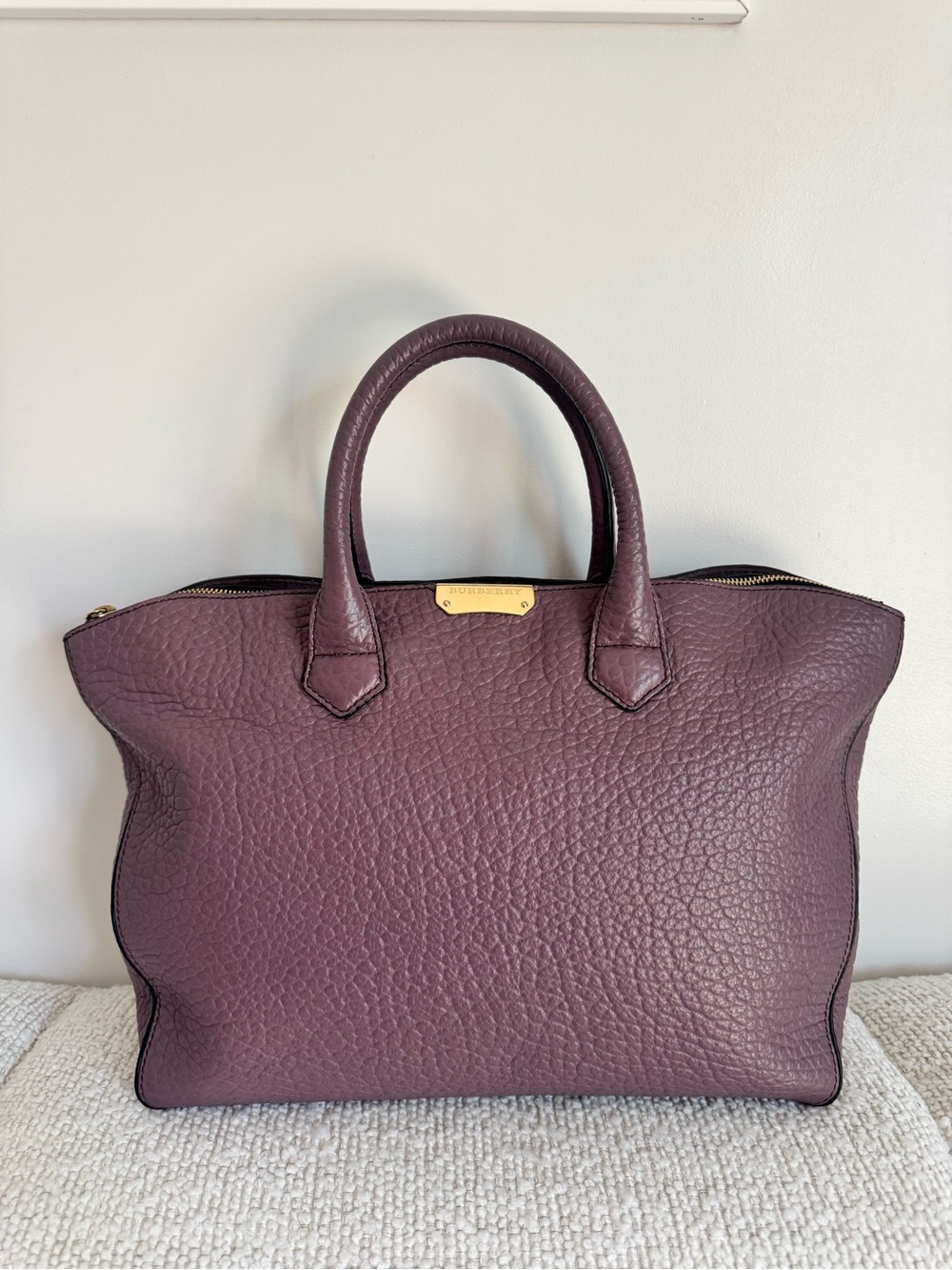 Burberry Plum Textured Leather Tote Satchel with Gold Hardware